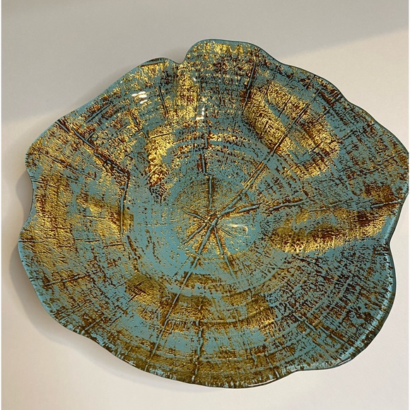 EUC Vtg "Akcam" Metallic Teal and Gold Abstract Design Hand Made Glass Bowl/Dish - Picture 3 of 7